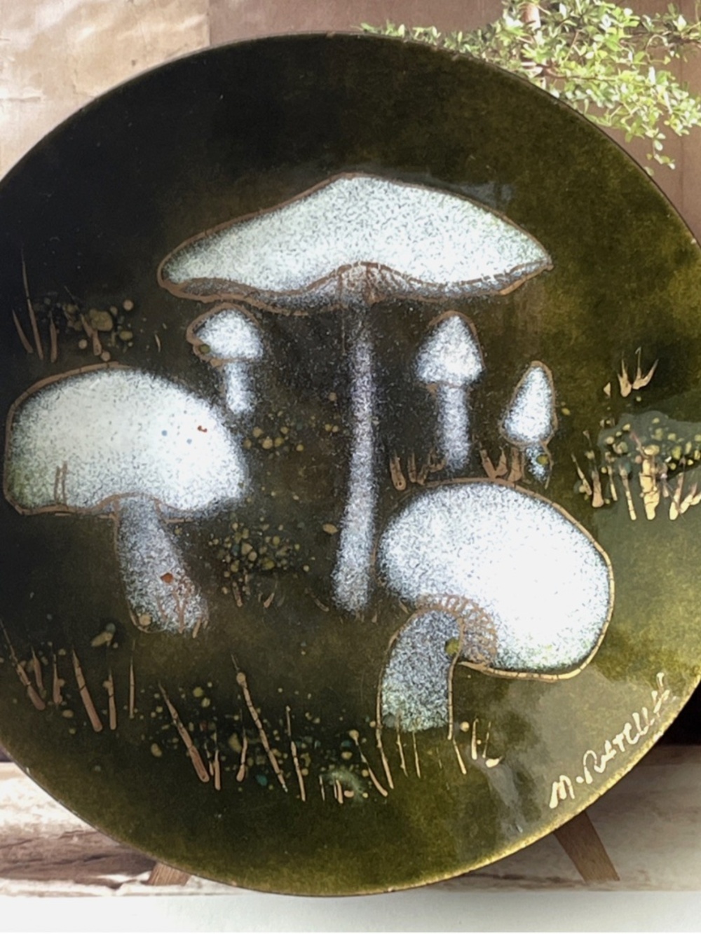 Margaret Ratcliff Enamel on Copper Mushroom Trinket Dish Bowl 7 inch Retro MCM